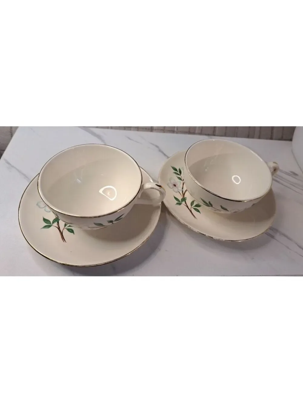 Vintage Set of 2 Homer Laughlin Rhythm Dogwood Gold Trimmed Cups and Saucers